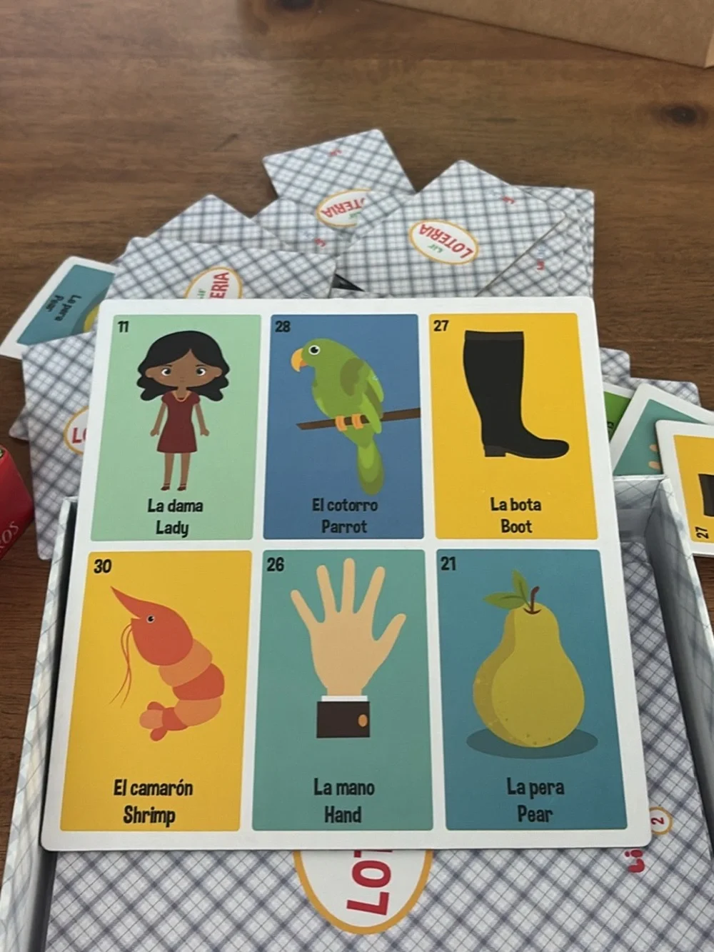 Lil' Loteria Bilingual Picture Word Bingo Game - Red